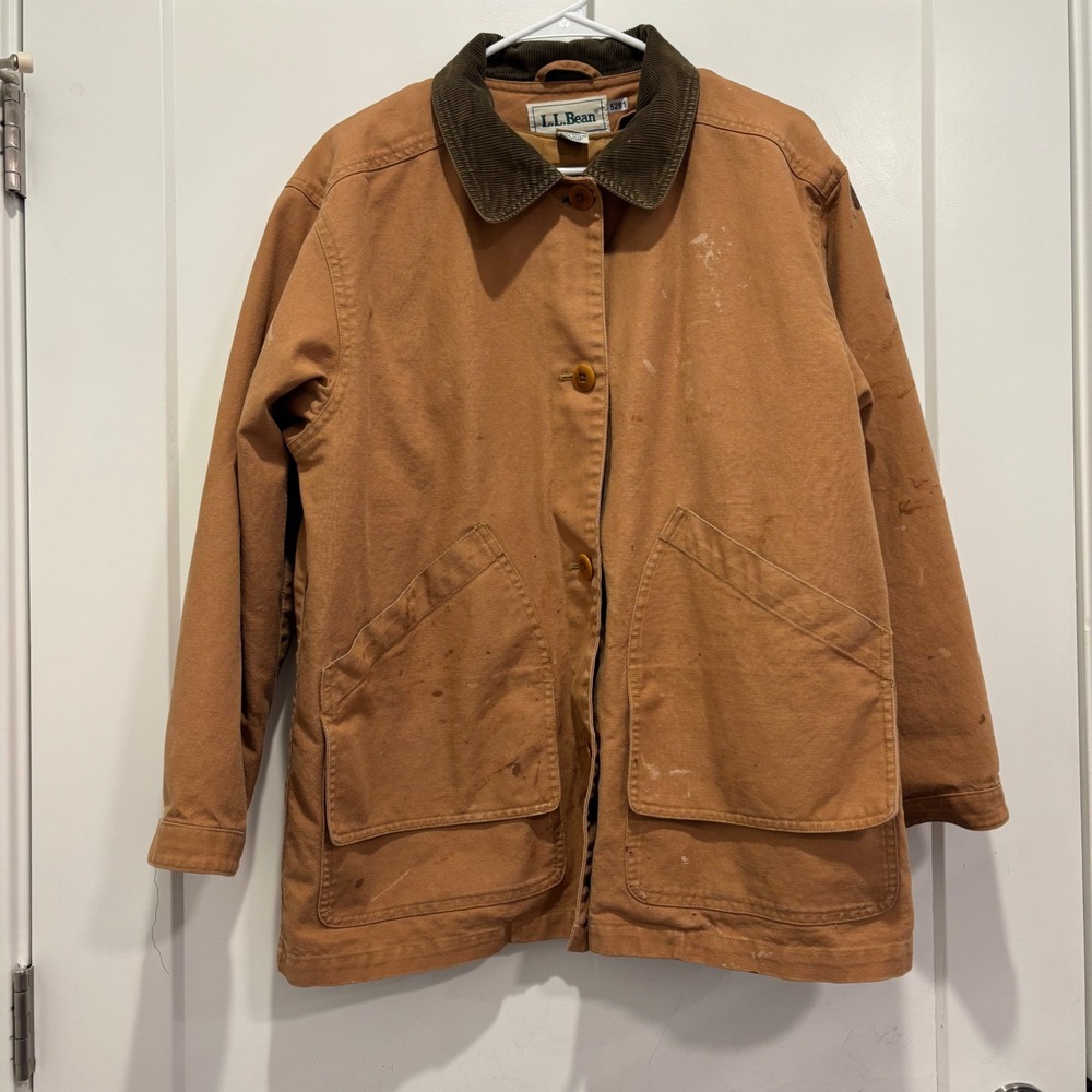 LL Bean Adirondack Barn Coat Womens Petite Medium Tan Canvas Chore Jacket 0MX78